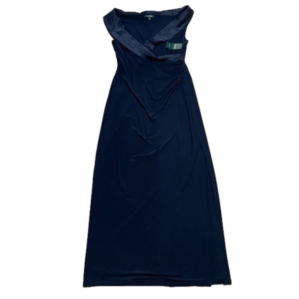 Lauren Ralph Lauren Navy Satin-Trimmed Ruched Column Gown Size 16 NWT